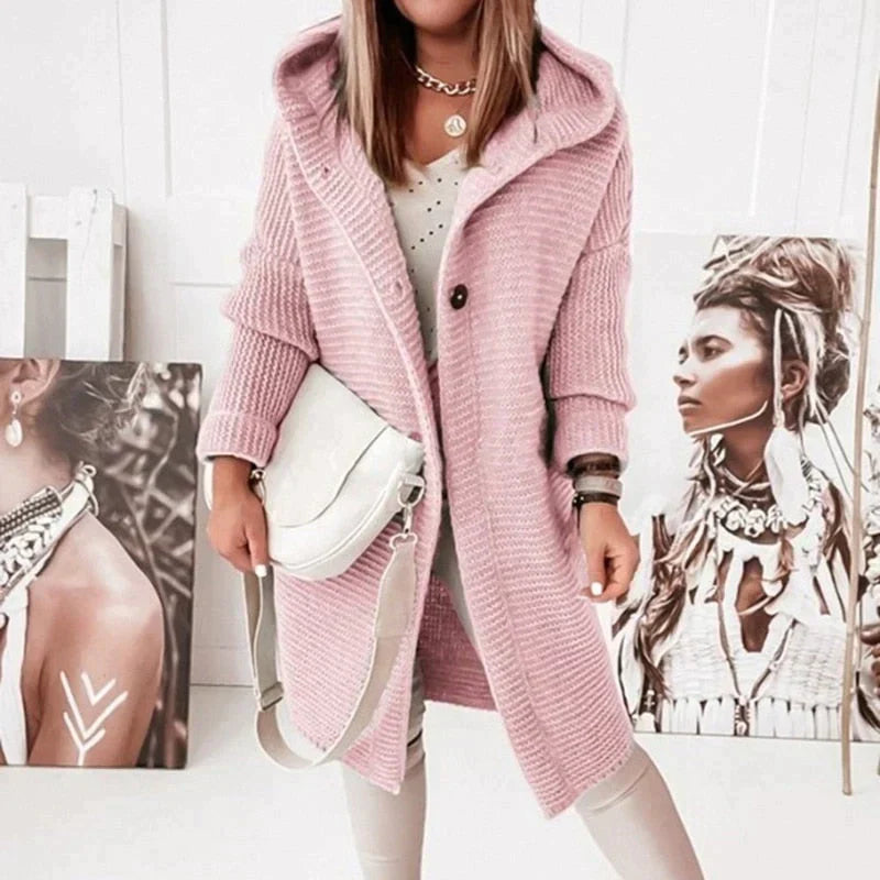 W&W Mode | Vest Extra lang warme gestrickte Jacke mit Kapuze für Damen