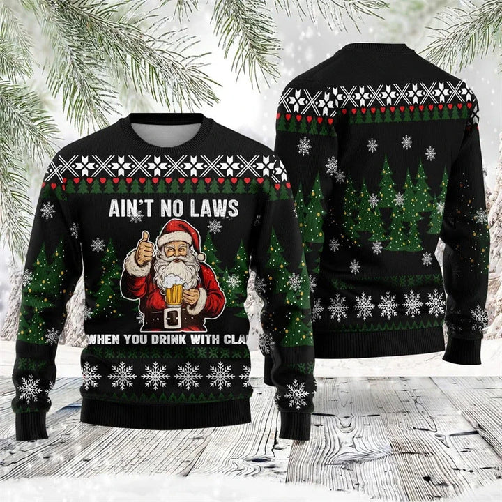 W&W Mode | Buntes Santa Claus Cartoon Druck - Schwarzer Feiertags-Icon Pullover