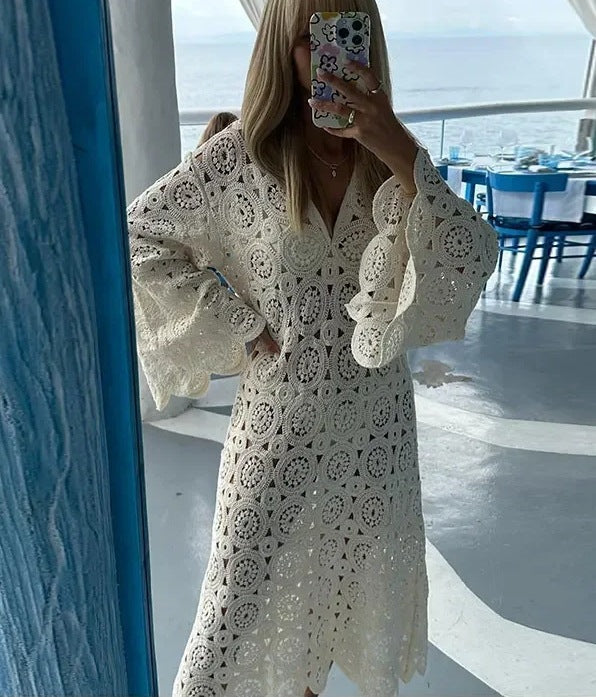Damen luftiges Häkelkleid mit weiten Ärmeln W&W Mode