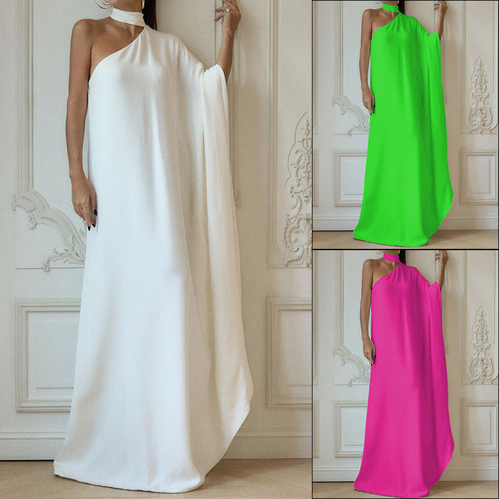 Damen elegantes One-Shoulder Abendkleid mit fließendem Stoff und schickem Kragen W&W Mode