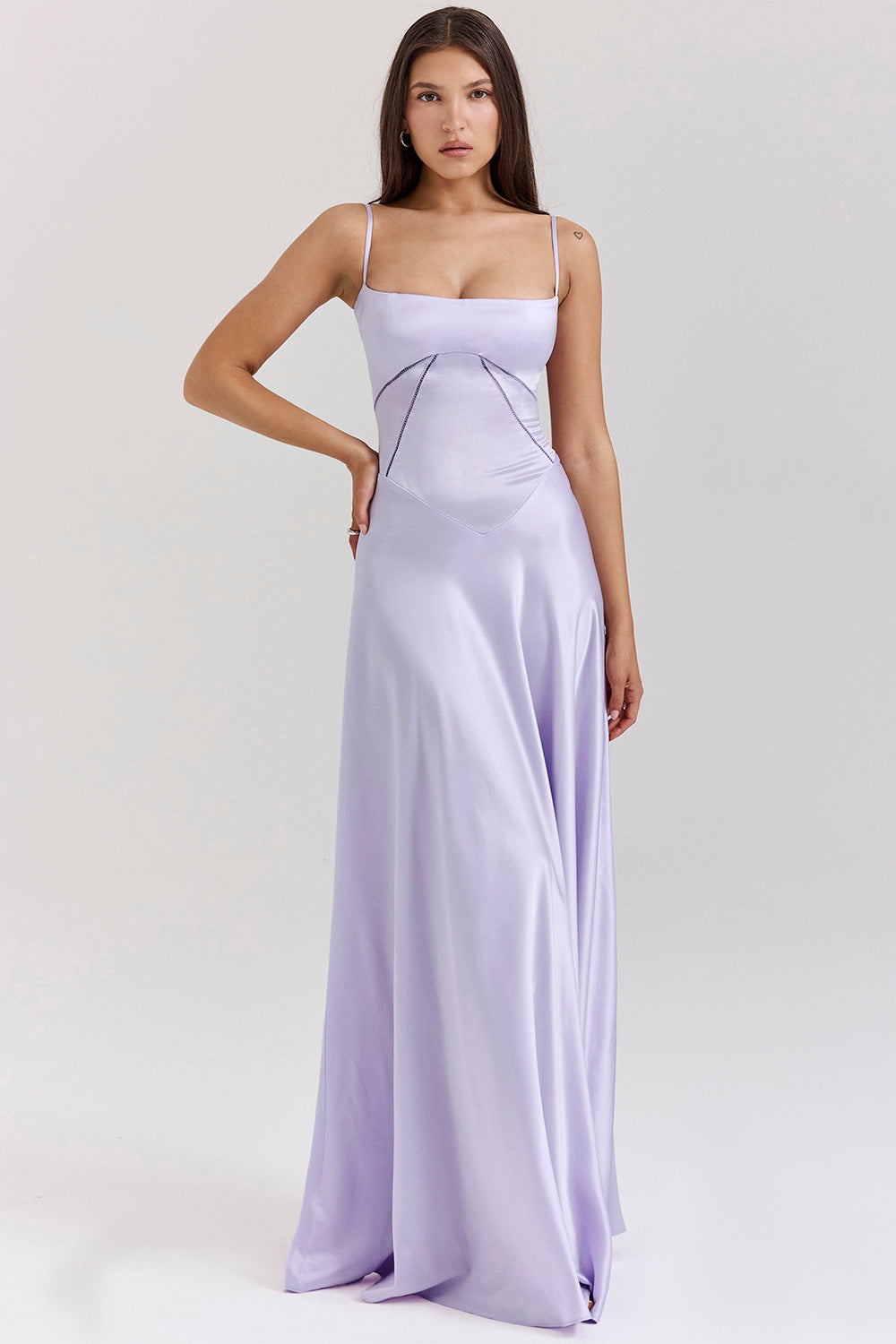 W&W Mode | Abendkleid Satin Glanz Spaghetti Träger Rückenfrei Schmaler Schnitt Elegantes Kleid