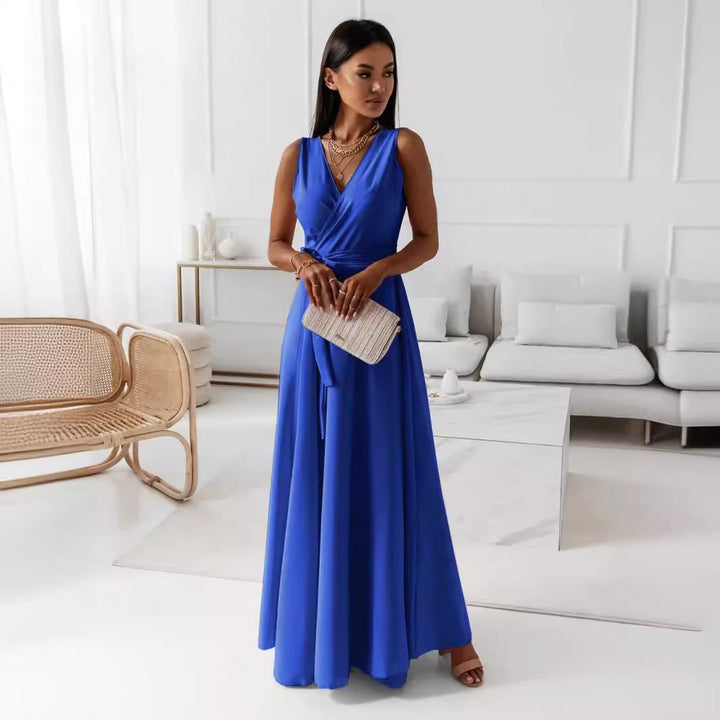 W&W Mode | Bequemes einfarbiges V-Ausschnitt Abendlangen Kleid