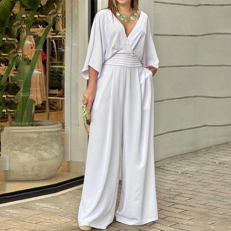 Damen Eleganter Jumpsuit mit weitem Bein und Wickeloberteil W&W Mode