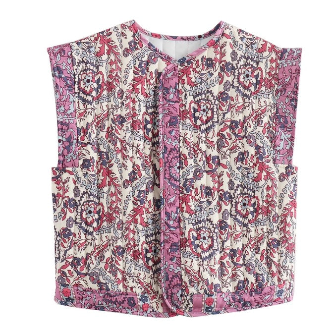 Damen gesteppte Weste mit floralem Design und praktischen Taschen W&W Mode