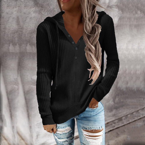 Damen Hoodie mit strukturiertem Rippmuster und knöpfbarem Ausschnitt W&W Mode