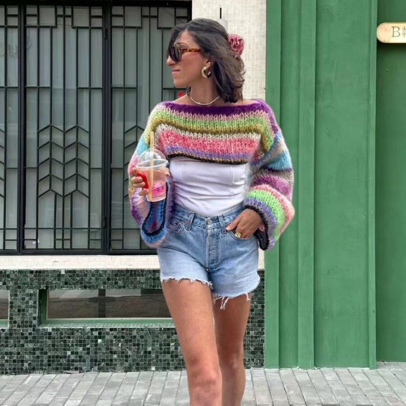 Damen Strickpullover im bunten Design mit weiten Ärmeln W&W Mode