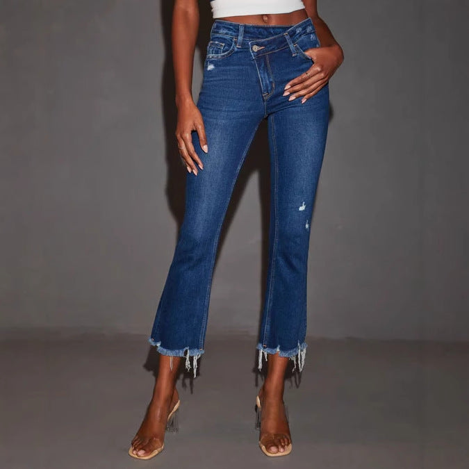 Damen Flared Jeans mit fransendem Saum und lässigem Destroyed-Effekt W&W Mode