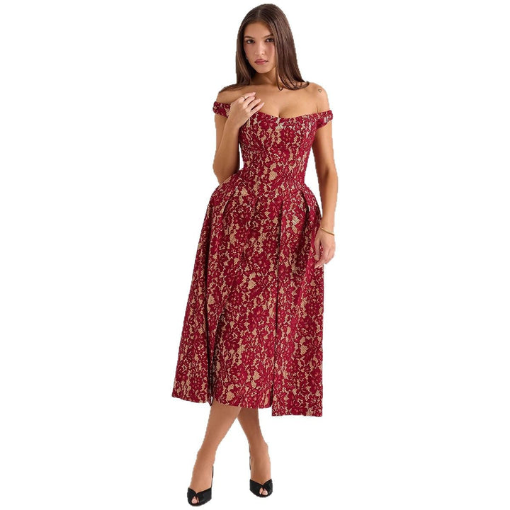 Damen Abendkleid mit schulterfreiem Design und exquisite Spitze W&W Mode