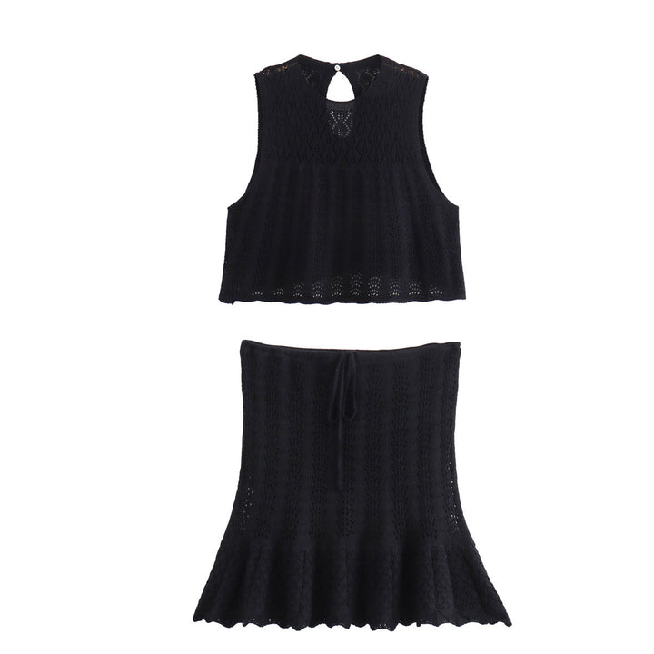 W&W Mode | Mode Lässig Strickweste Hohlschliff Top Strick Kurzer Rock Set