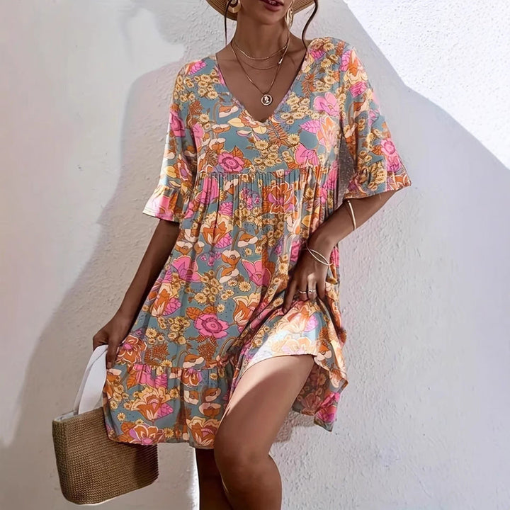 Damen Freizeitkleid mit V-Ausschnitt und fließendem Schnitt W&W Mode