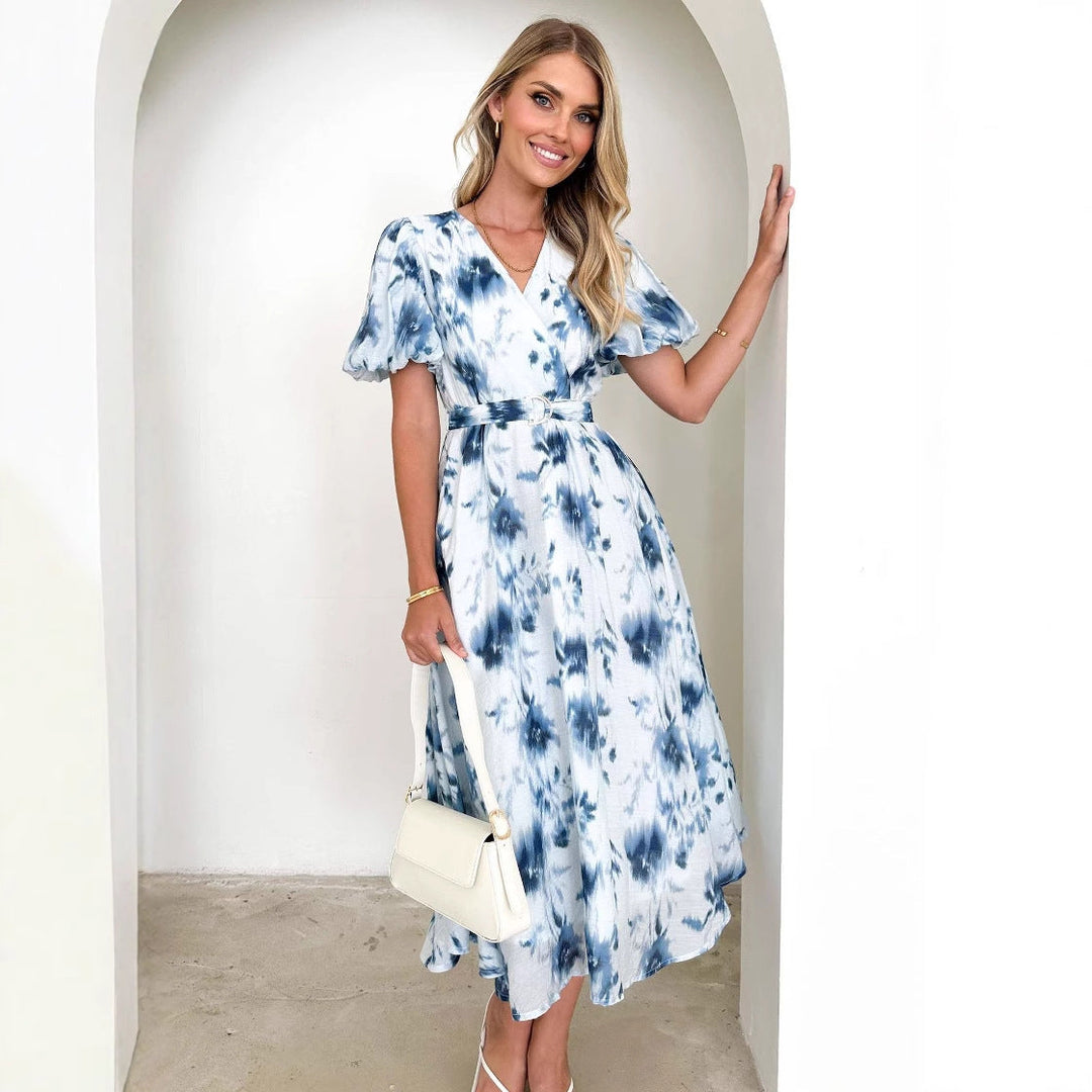Damen Midikleid mit tailliertem Schnitt, voluminösen Ärmeln und elegantem Wellenmuster W&W Mode