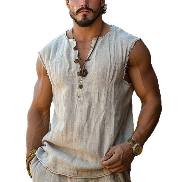 Herren lässiges Leinen Tanktop mit Knopfleiste und Fransen W&W Mode