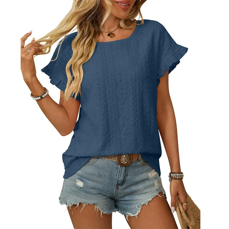 Damen Chiffonbluse mit Spitzenärmeln und feinem Lochmuster W&W Mode