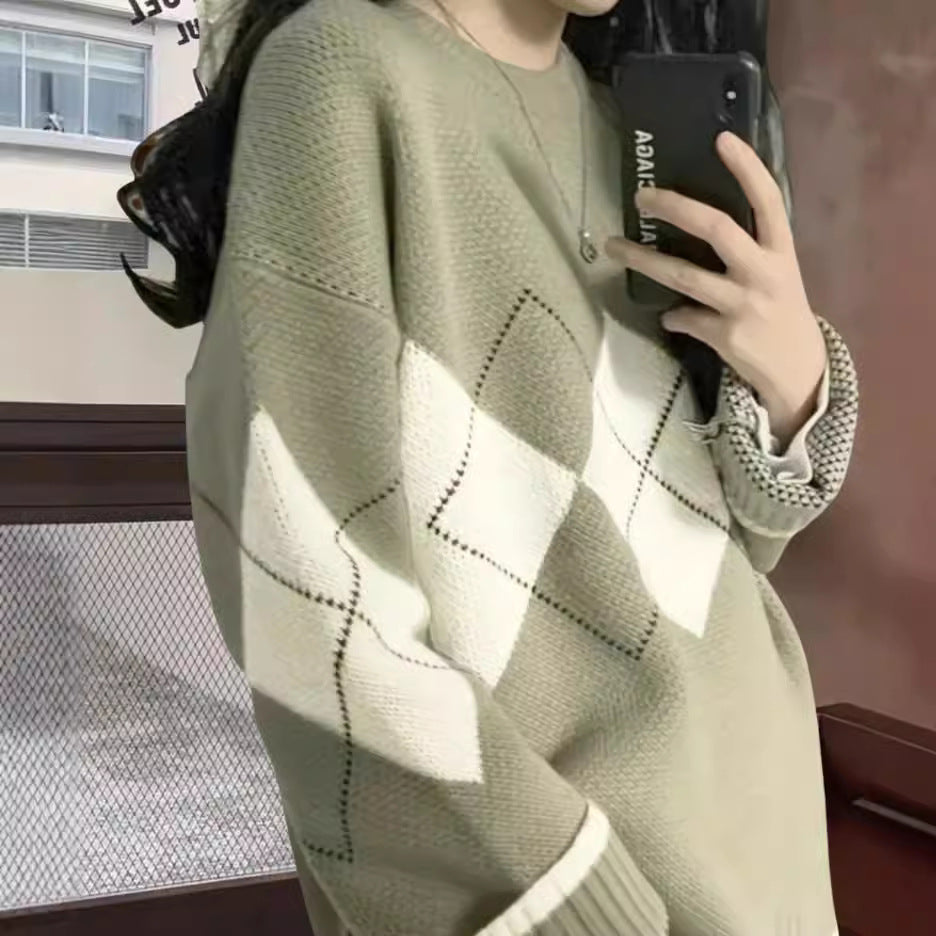 Damen Grobstrickpullover mit modernen Rautenmustern und weitem Schnitt W&W Mode
