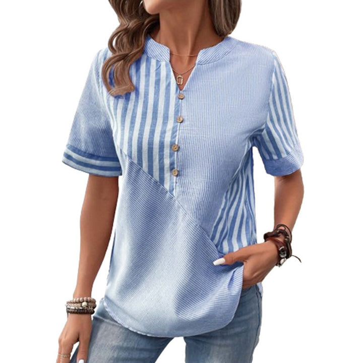W&W Mode V-Ausschnitt Asymmetrisches Streifen-Patchwork-Top