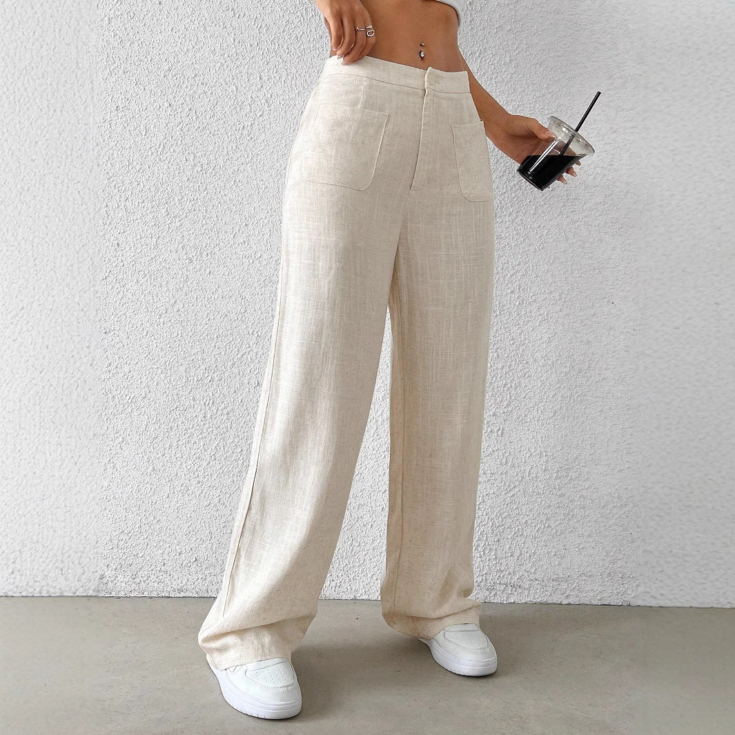 Damen weite Leinenhose mit elastischem Bund und praktischen Taschen W&W Mode