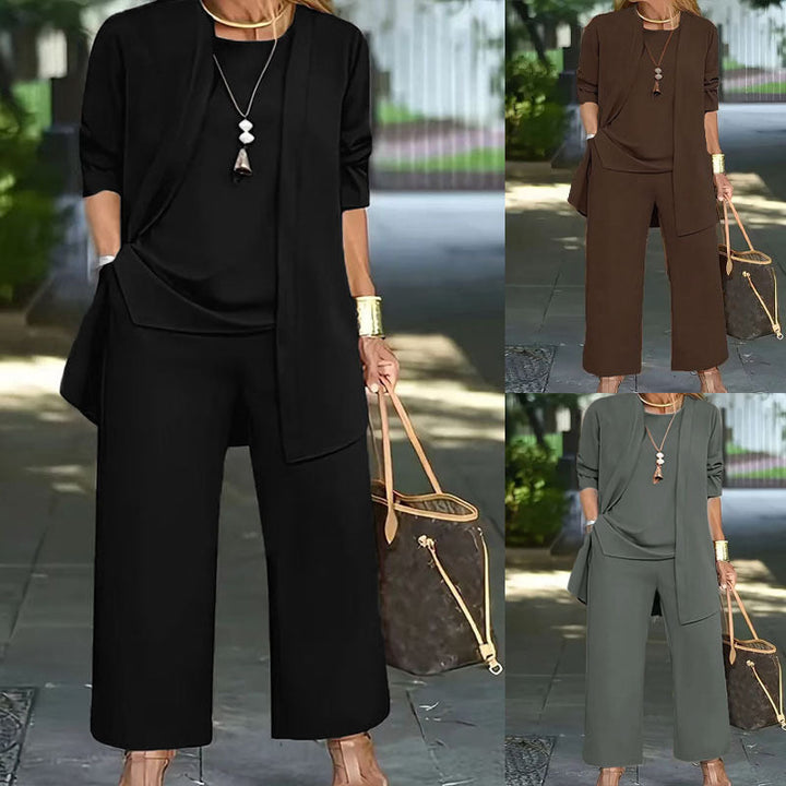 Damen elegante Zweiteiler-Set mit locker fallender Jacke und bequemen Hosen W&W Mode