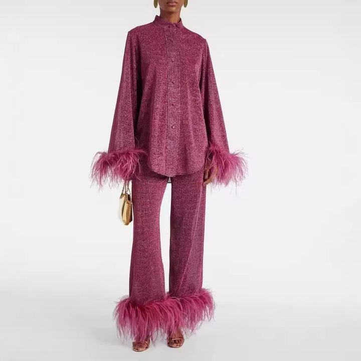 W&W Mode | Herbst Winter Feder Stehkragen Langarmoberteil und Hosen Set