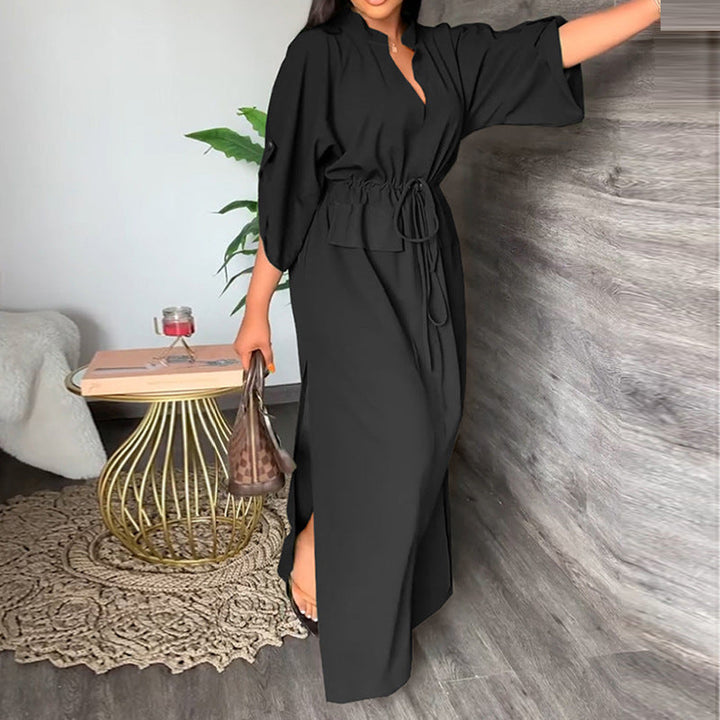 Damen Elegantes Maxikleid mit taillierbarem Gürtel und weit geschnittenen Ärmeln W&W Mode