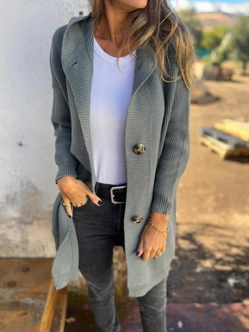 Damen Strickjacke mit Kapuze und Knöpfen W&W Mode