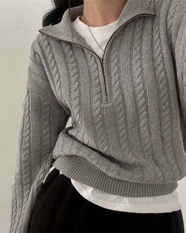 W&W Mode Vintage Rollkragen Reißverschluss Twist Strickpullover