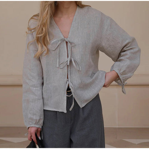Damen Leinenbluse mit eleganten Schleifen W&W Mode
