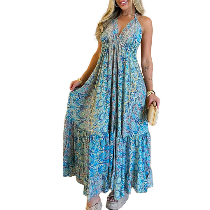 Damen Maxikleid im verspielten Boho-Stil mit tiefem V-Ausschnitt und schwingendem Rock W&W Mode