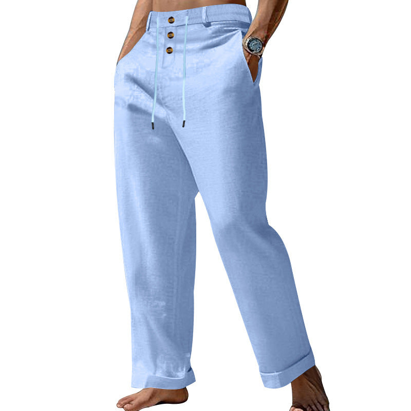 Herren nan weite Sommerhose aus Leinen-Baumwollmix mit dreifach-Knopfleiste, Tunnelzugbund und Umschlagsaum W&W Mode