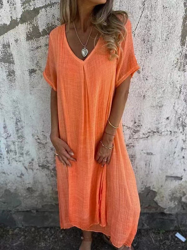 W&W Mode | Baumwolle Leinen V-Ausschnitt Kleid
