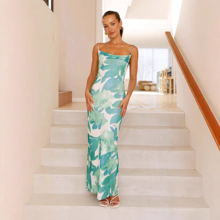 W&W Mode | Bodycon Maxi Kleid Ärmellos Spaghettiträger Bedruckt Leicht Elegant Passform