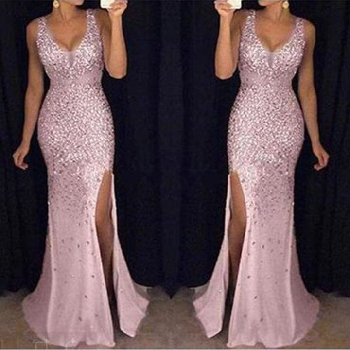 Damen Funkelndes Abendkleid mit tiefem V-Ausschnitt und seitlichem Schlitz W&W Mode