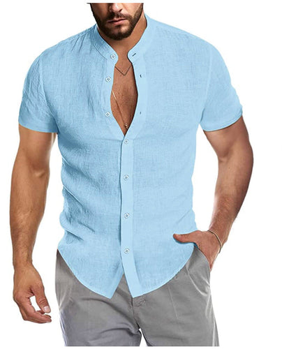 Herren Kurzarm Leinenhemd mit Stehkragen und dezenter Knopfleiste W&W Mode