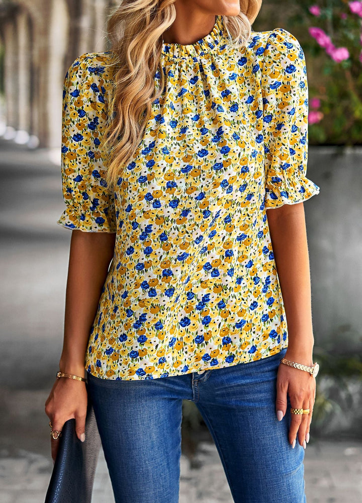 Damen Bluse mit verspieltem Blumendesign und Puffärmeln W&W Mode