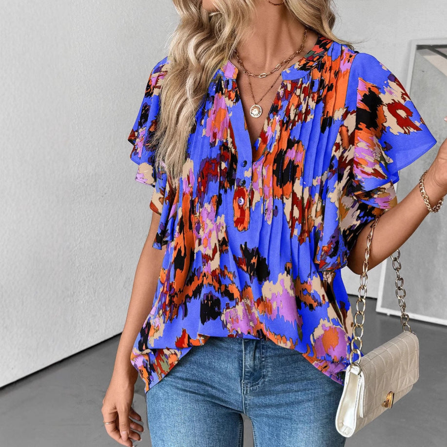 Damen Bluse mit eleganten Rüschendetails und verspieltem Print W&W Mode