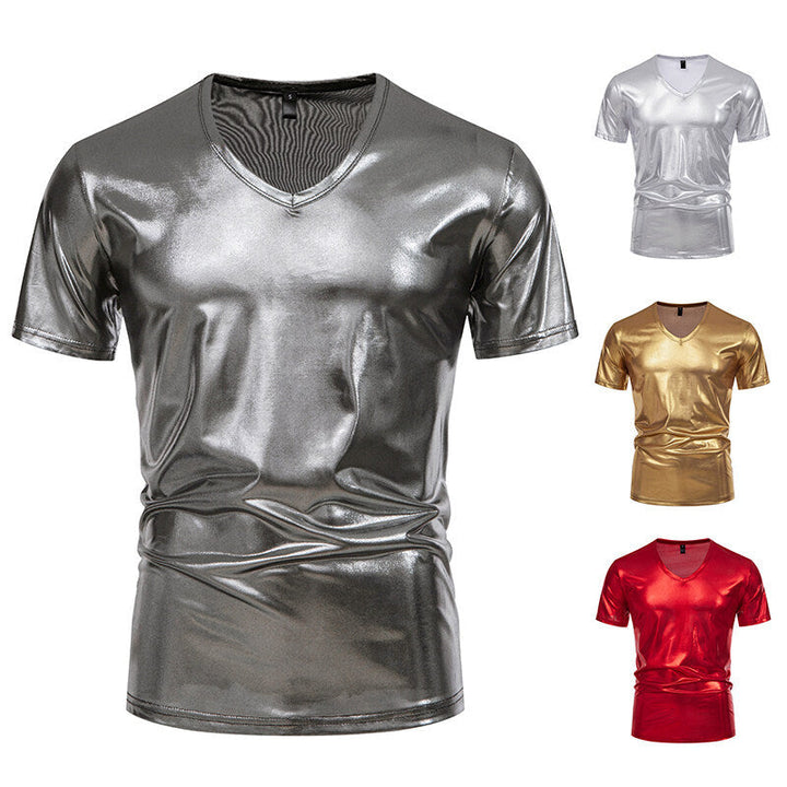 Herren Glänzendes Metallisches V-Ausschnitt T-Shirt W&W Mode