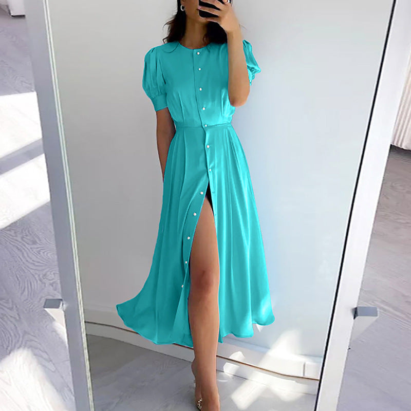 Damen Maxikleid mit eleganten Puffärmeln und hohem Schlitz W&W Mode