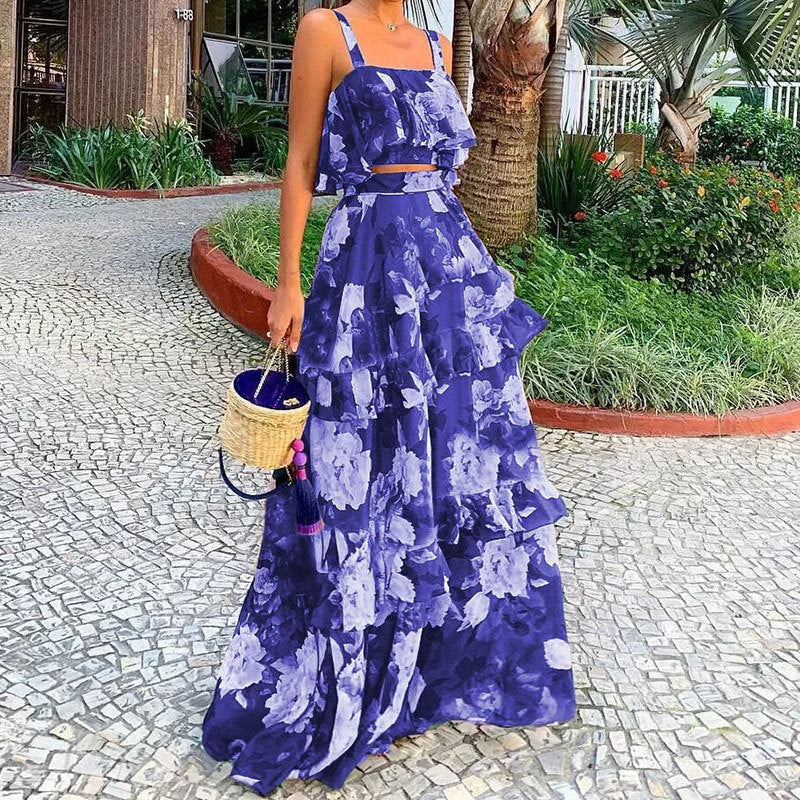 Damen Maxi-Rock mit gestuftem Volant und floralem Design W&W Mode