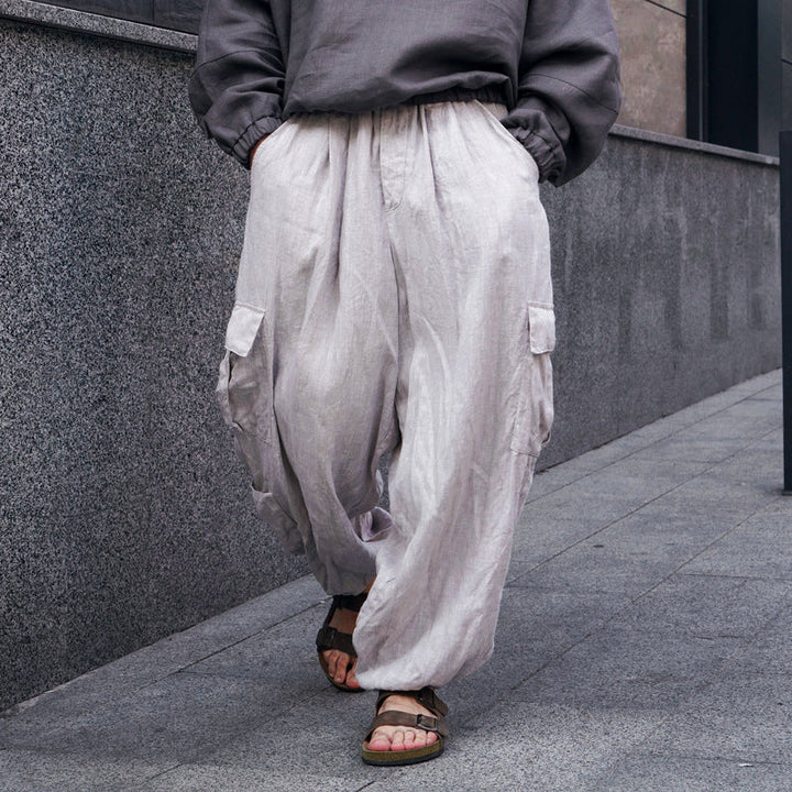 Herren lässige Cargo-Hose aus atmungsaktivem Leinenmaterial W&W Mode