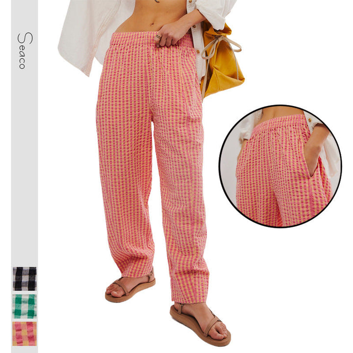 Damenhose mit Karomuster, mittlerer Taille und Taschen
