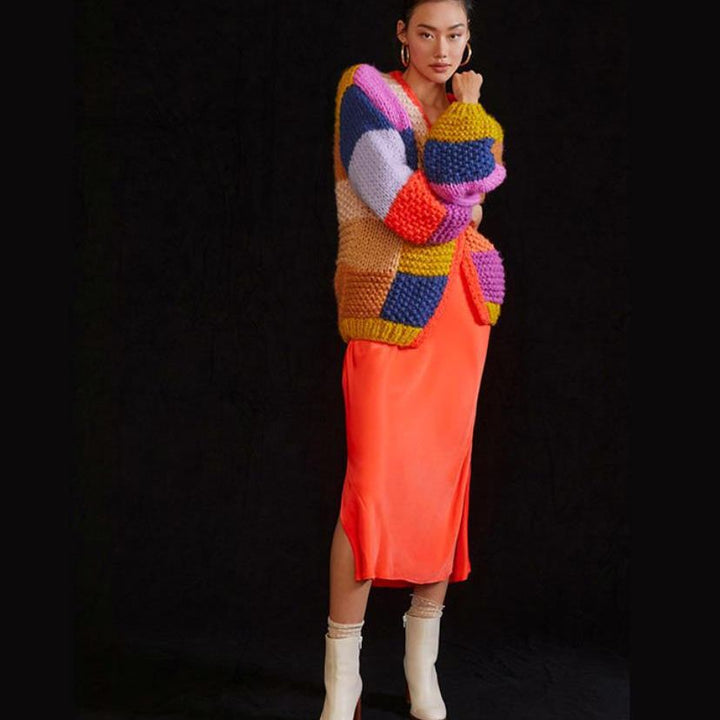 Damen Grobstrick-Cardigan mit buntem Patchwork-Design W&W Mode