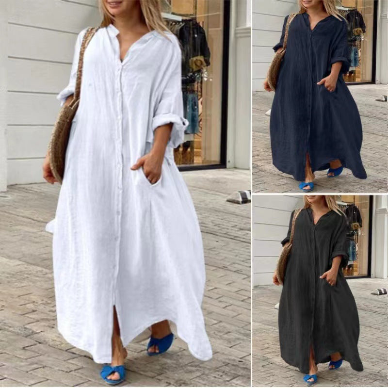 W&W Mode | Einreiher Baumwoll-Leinen Plus Size Langkleid