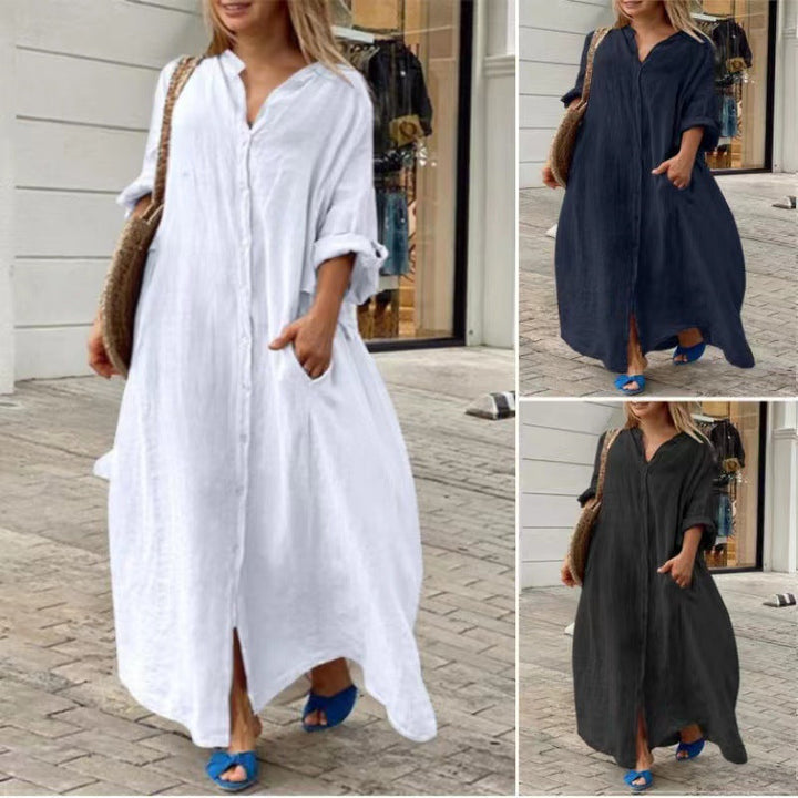 W&W Mode | Einreiher Baumwoll-Leinen Plus Size Langkleid