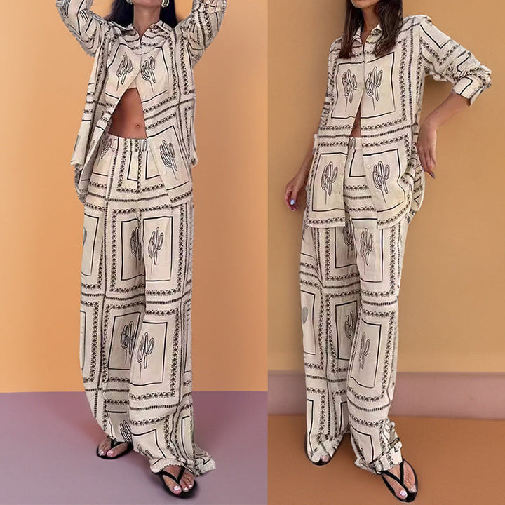 Damen Elegantes Set aus lässiger Bluse und weit geschnittenen Hosen W&W Mode