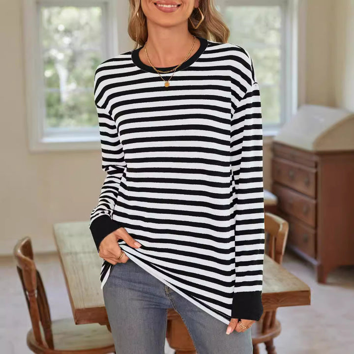 Damen bequemes Langarmshirt mit gestreiftem Design und Rundhalsausschnitt W&W Mode