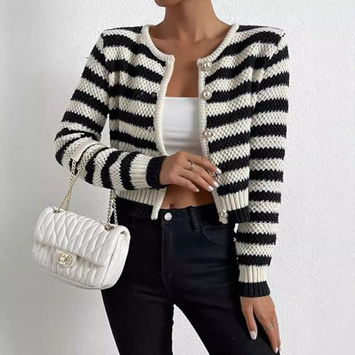 Damen gestreifte Strickjacke mit dekorativen Knöpfen W&W Mode