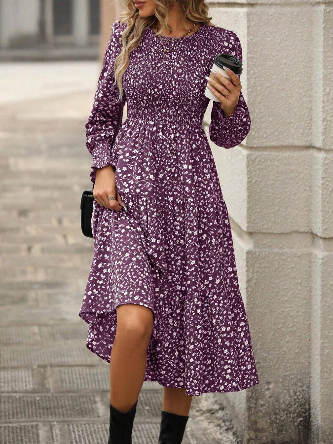 Damen florales Midi-Kleid mit geraffter Taille und langen Ärmeln W&W Mode
