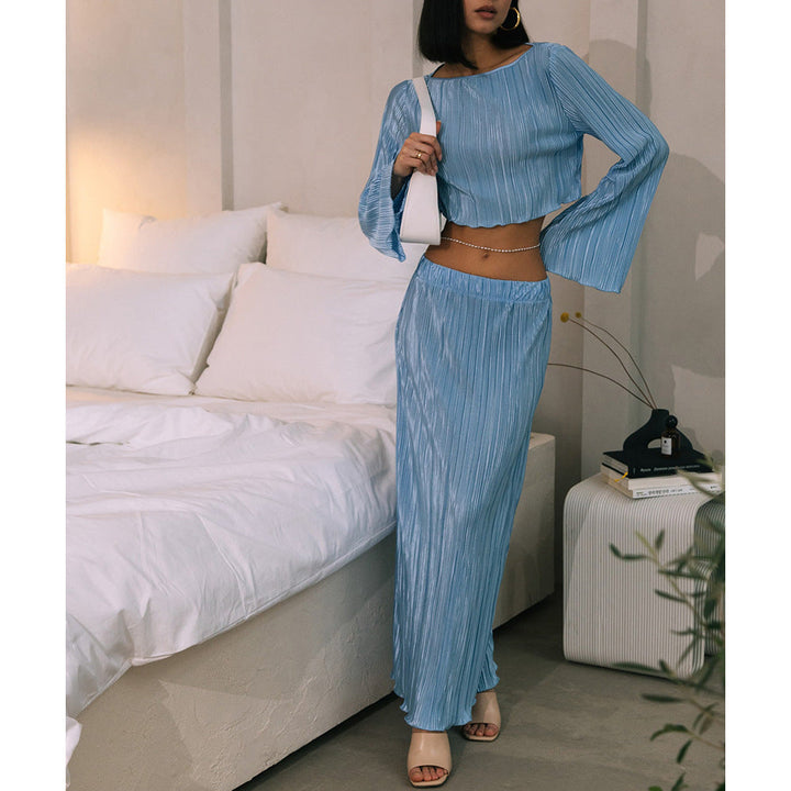Damen Plissiertes Zweiteiler-Set mit langem Rock und cropped Oberteil W&W Mode
