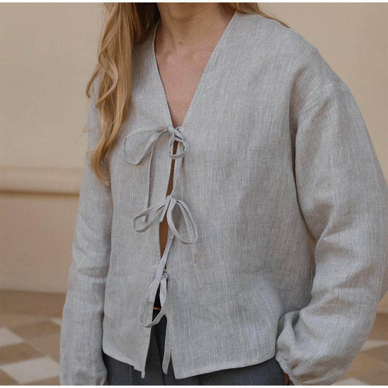 Damen Leinenbluse mit eleganten Schleifen W&W Mode