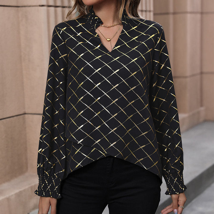 Damen Bluse mit elegantem Rautenmuster und Puffärmel W&W Mode