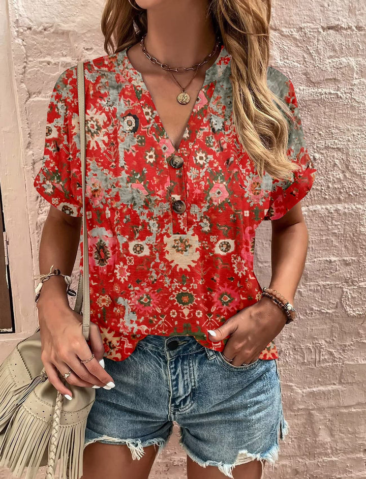 Damen Kurzarm Bluse mit dekorativem Musterdruck und knöpfbarem Ausschnitt W&W Mode